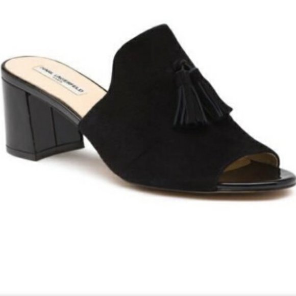 Karl Lagerfeld Paris Hettie Suede Mules sandal heels black 6 - Picture 1 of 15